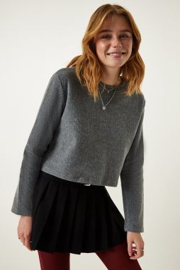 Happiness İstanbul Women's Gray Soft Textured Crop Knitted Blouse