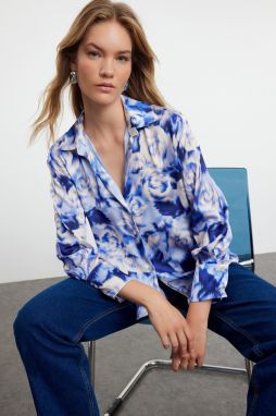Trendyol Blue Woven Satin Rose Patterned Oversize Wide Fit Shirt