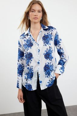 Trendyol Navy Blue Woven Satin Rose Patterned Oversize Wide Fit Shirt