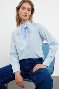Trendyol Blue Regular Fit Woven Shirt with Closed Collar Ruffle Detail