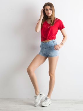 High waisted blue denim shorts