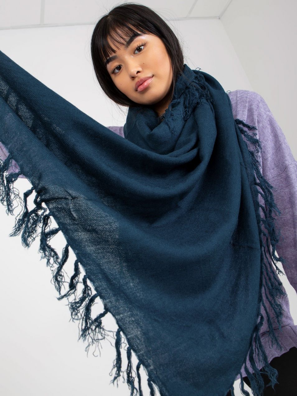 Women's Navy Long Scarf with Fringe