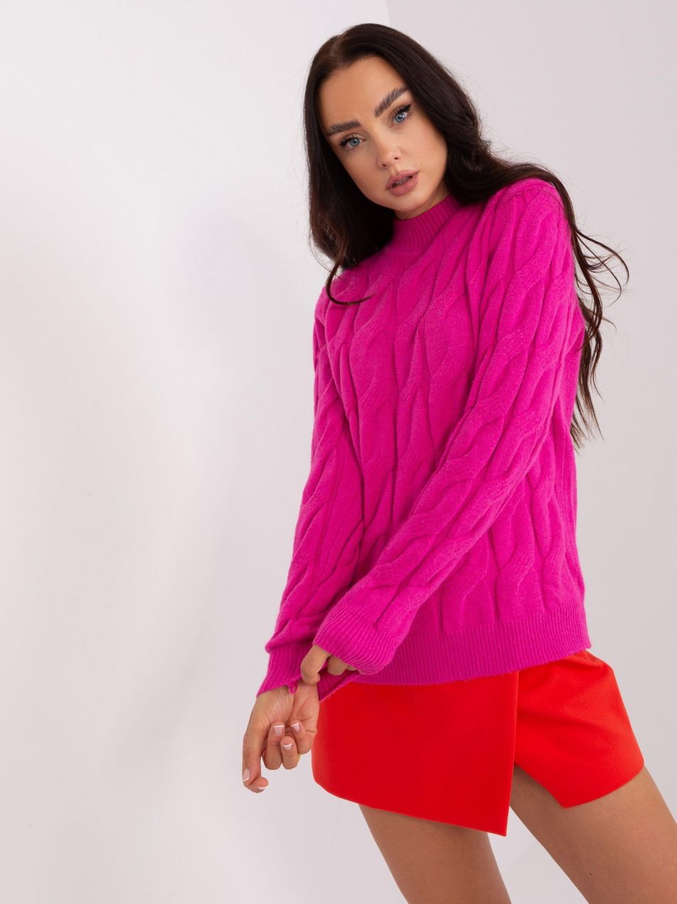 Women's fuchsia cable sweater