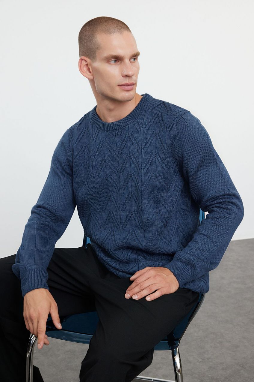 Trendyol Indigo Regular Crew Neck Textured Knitwear Sweater