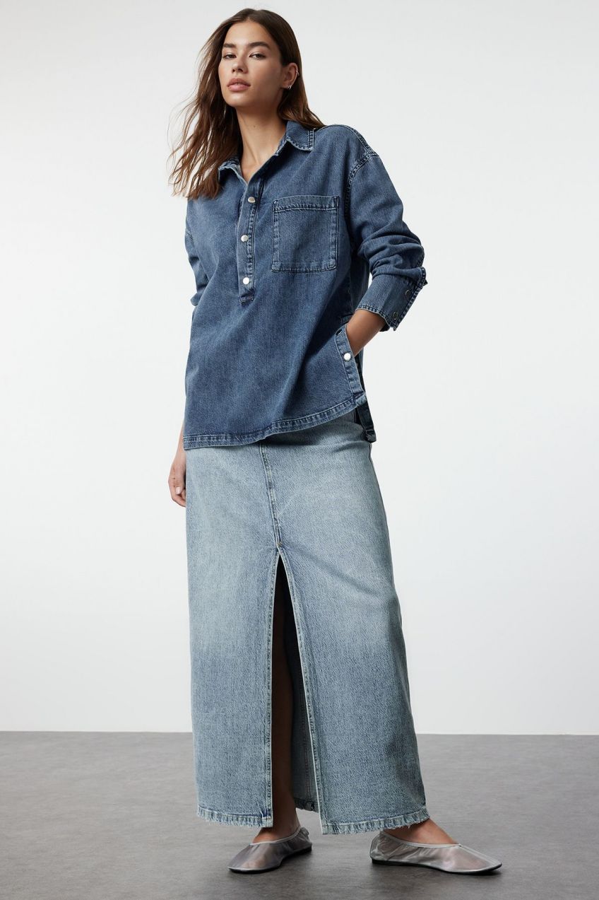 Trendyol Blue Accessory Detailed Oversize Denim Shirt