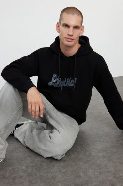 Trendyol Black Oversize/Wide Cut Hooded Text Printed Fleece/Warm Sweatshirt