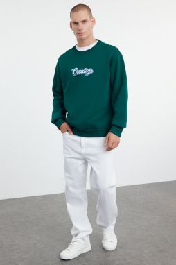Trendyol Emerald Green Oversize/Wide Cut Text Embroidered Sweatshirt