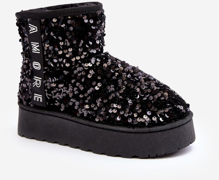 Women's platform snow boots decorated with sequins, black Silmo