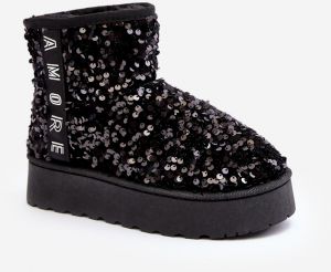 Women's platform snow boots decorated with sequins, black Silmo