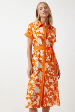 Happiness İstanbul Women's Orange Floral Summer Slim Viscose Dress