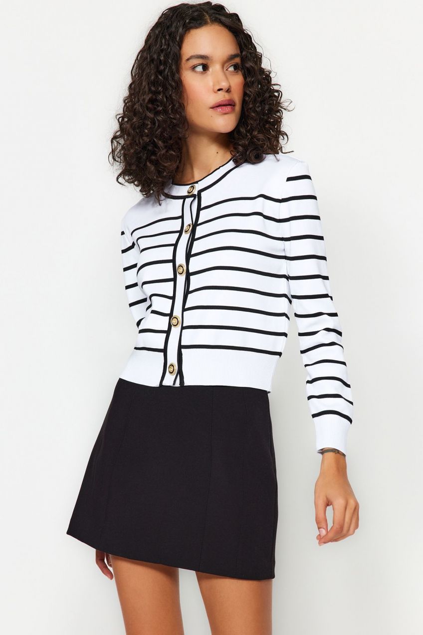 Trendyol Ecru Striped Buttoned Knitwear Cardigan