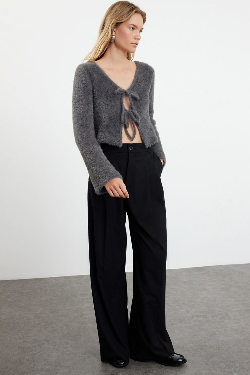 Trendyol Anthracite Crop Feather Tie Detailed Knitwear Cardigan