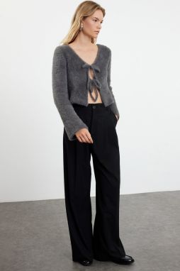 Trendyol Anthracite Crop Feather Tie Detailed Knitwear Cardigan