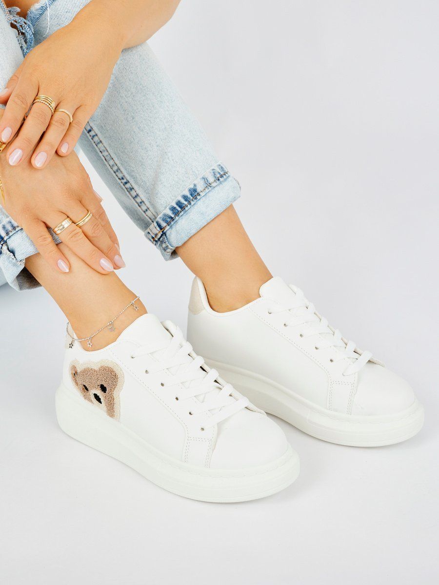 Shelvt White women's sports shoes with a teddy bear