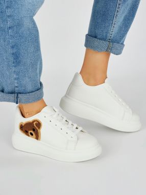 Shelvt White women's sports shoes with a teddy bear