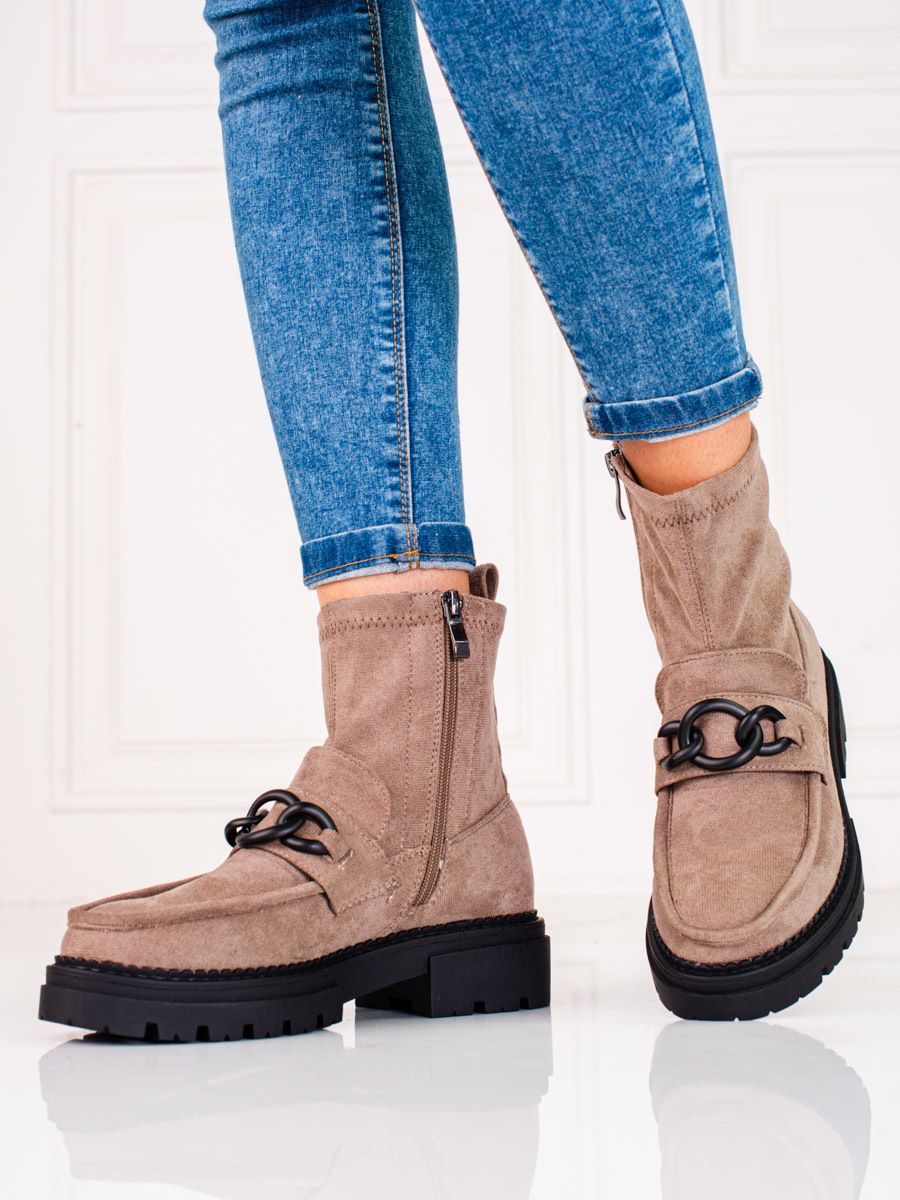Beige ankle boots for women on the Shelvt platform
