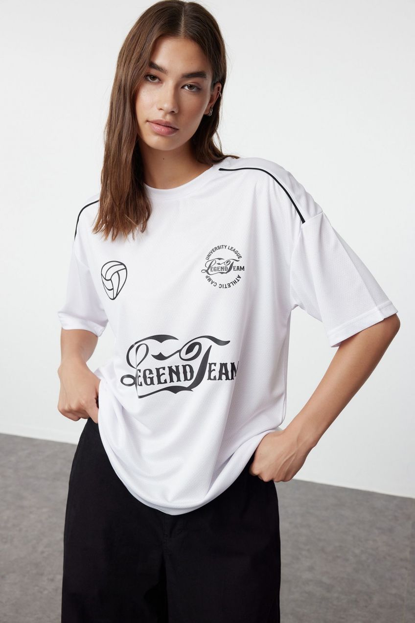 Trendyol White Micro Printed Knitted Sports T-Shirt