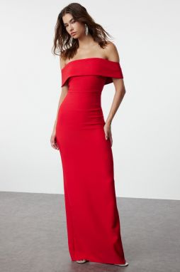 Trendyol Red Fitted Carmen Neckline Woven Long Evening Dress