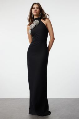 Trendyol Black Rose Detailed Woven Long Evening Dress