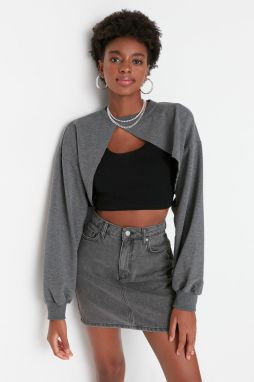 Trendyol Anthracite Asymmetric Super Crop Crew Neck Thin Knitted Sweatshirt