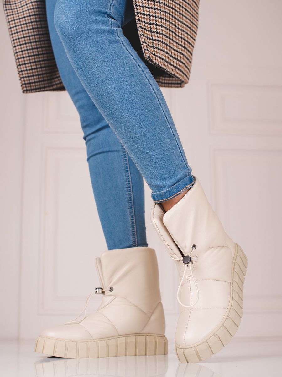 Shelvt women's snow boots leather with ribbing beige