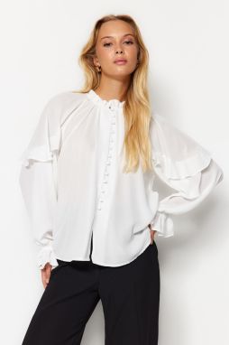 Trendyol Ecru Sleeves Flounced Stand Collar Oversize/Wide Fit Woven Shirt