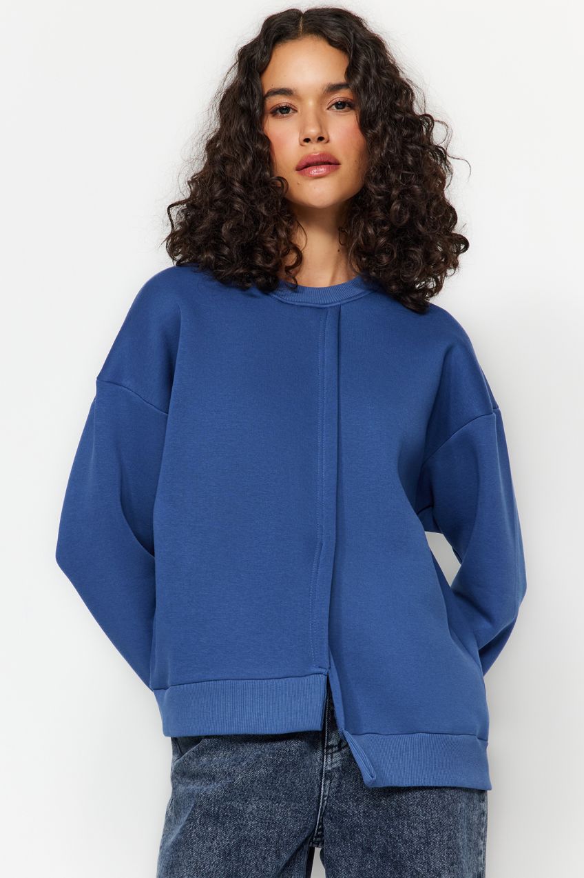 Trendyol Indigo Thick Inside Fleece Asymmetrical Detailed Crew Neck Knitted Sweatshirt