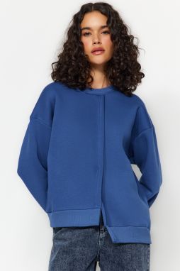 Trendyol Indigo Thick Inside Fleece Asymmetrical Detailed Crew Neck Knitted Sweatshirt