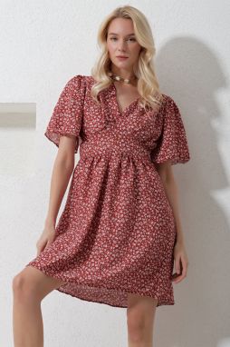Trend Alaçatı Stili Women's Cinnamon V-Neck Short Sleeve Floral Patterned Skirt Flounce Woven Dress