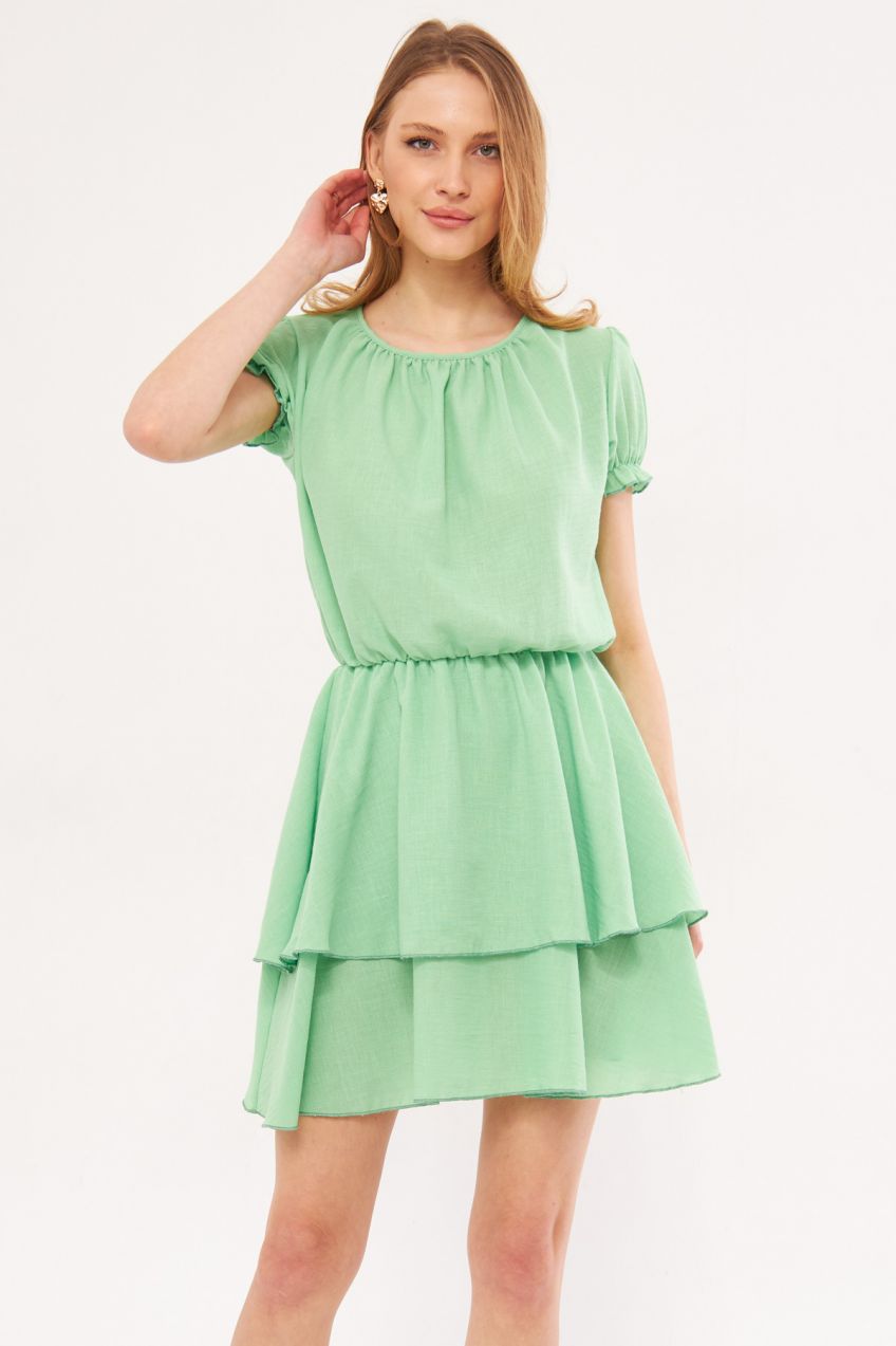 armonika Women's Light Green Endeka Dress Collar Gathered Sleeve and Elastic Waist Skirt Layered