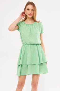 armonika Women's Light Green Endeka Dress Collar Gathered Sleeve and Elastic Waist Skirt Layered