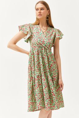 Olalook Women's Green Pink Double Breasted Collar Sleeve Detailed Knitted Dress