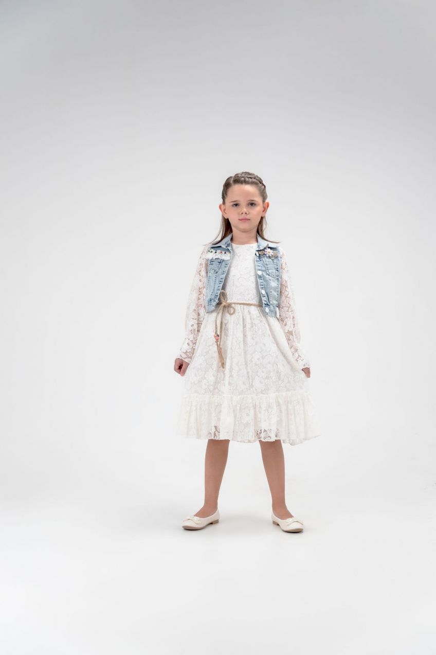 Trendyol Girl's Ecru Lace Detailed Denim Vest Belted Long Sleeve Dress Set Suit