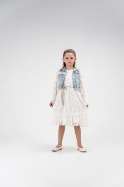 Trendyol Girl's Ecru Lace Detailed Denim Vest Belted Long Sleeve Dress Set Suit