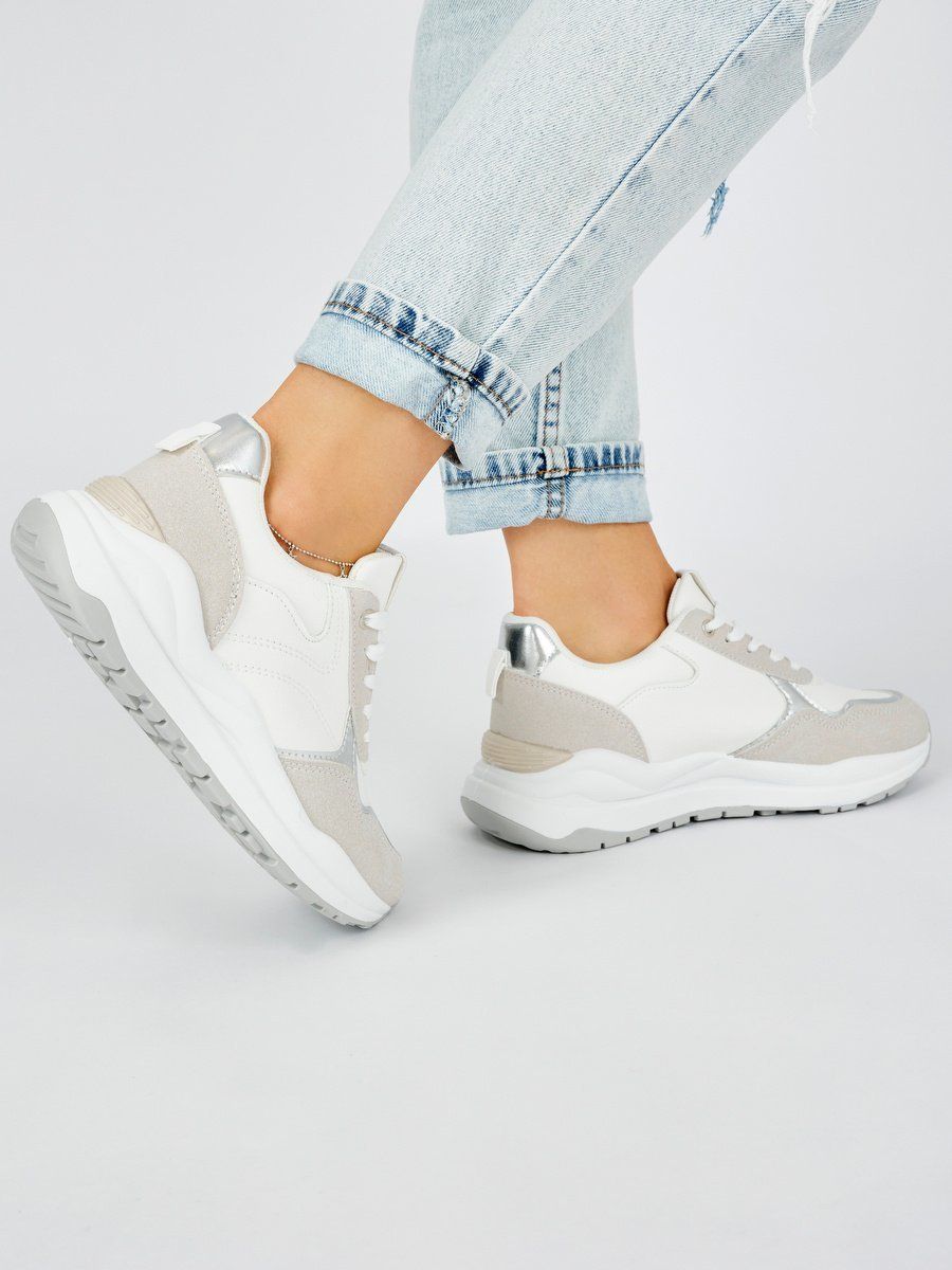 Shelvt White women's sports shoes with a thick sole