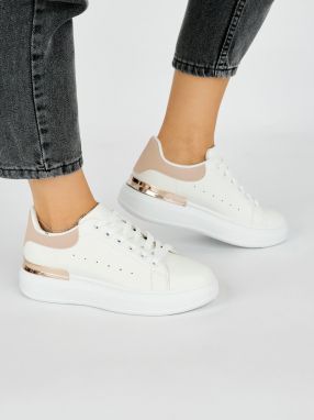 Shelvt White women's leather sneakers with a pink element