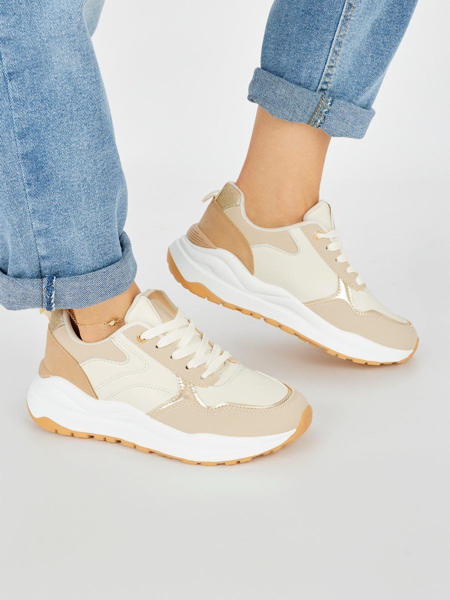 Shelvt Beige women's sports shoes with a thick sole