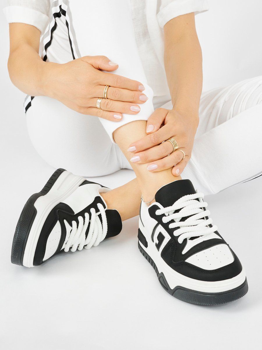 Shelvt Black and white platform sneakers