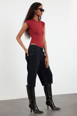 Trendyol Burgundy Fitted High Collar Flexible Snap Fastener Knitted Body
