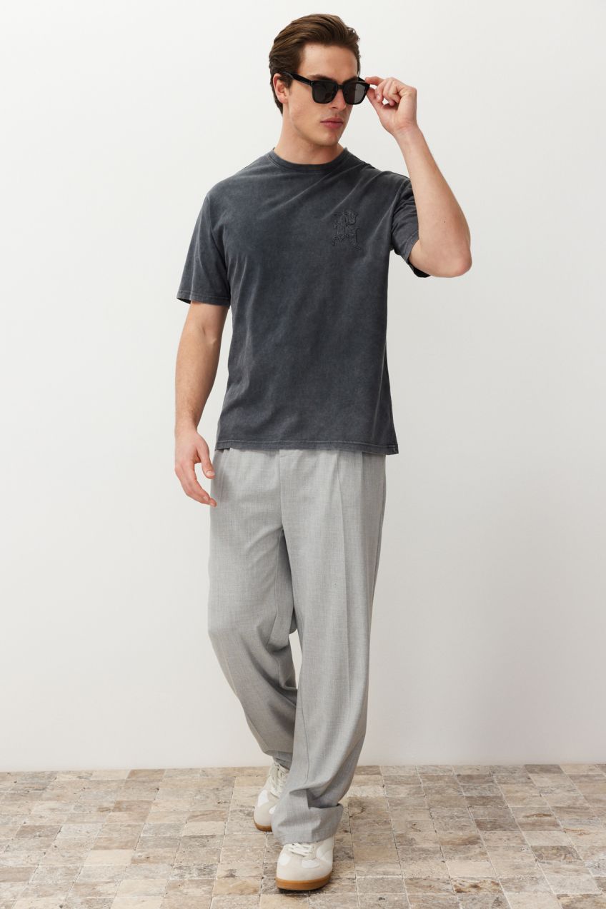 Trendyol Anthracite Relaxed/Comfortable Cut Letter Embroidered Vintage/Faded Effect 100% Cotton T-shirt