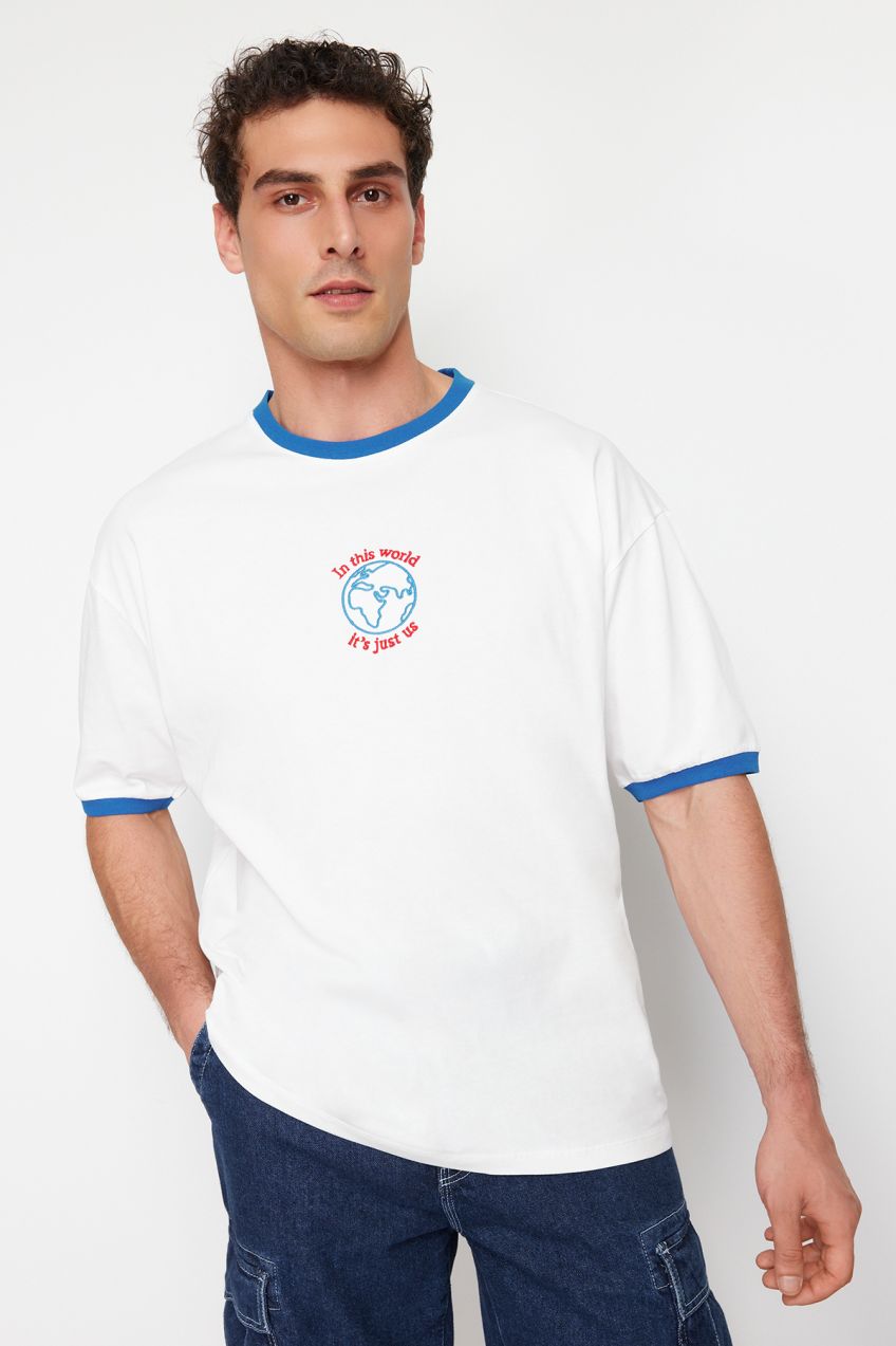 Trendyol Ecru Oversize/Wide Cut Embroidered Color Blocked 100% Cotton T-Shirt
