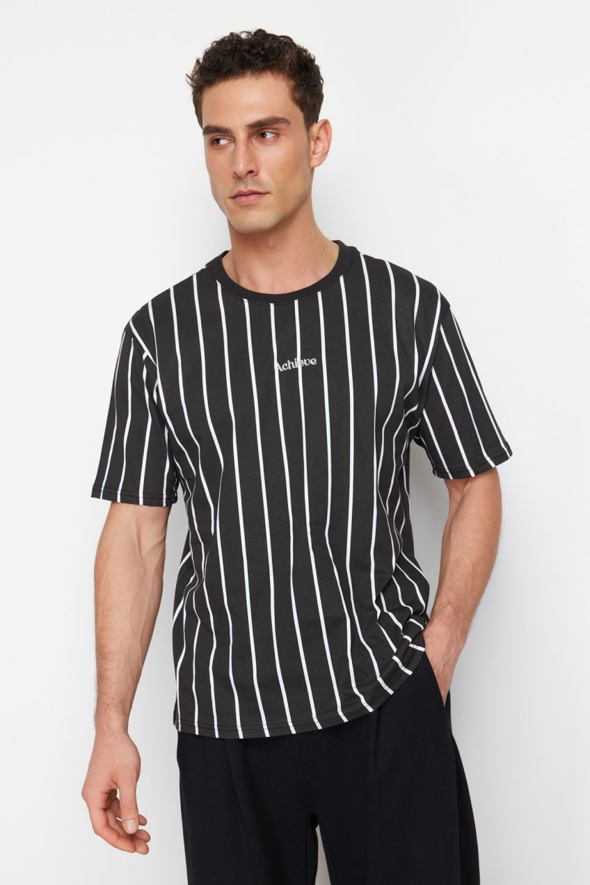 Trendyol Black Relaxed/Comfortable Cut Striped 100% Cotton T-Shirt
