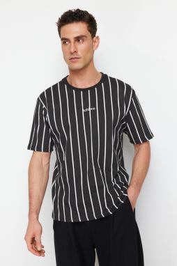Trendyol Black Relaxed/Comfortable Cut Striped 100% Cotton T-Shirt