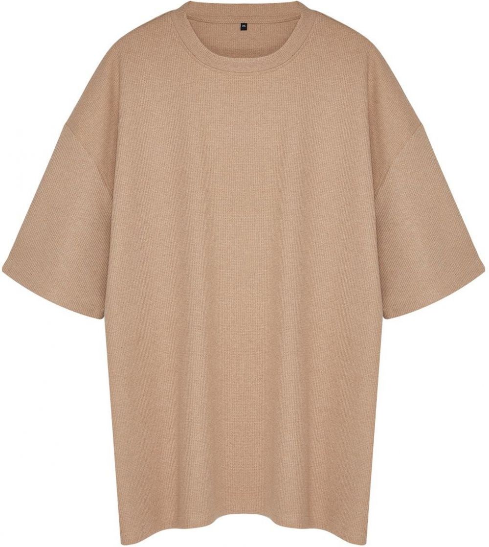 Trendyol Plus Size Camel Oversize/Wide Cut Crew Neck Basic Textured T-shirt