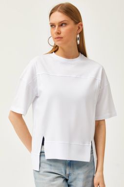 Olalook Women's White Stitching Detailed Cut-Front Cotton T-Shirt