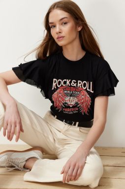 Trendyol Black 100% Cotton Printed Tulle Ruffle Detail Regular/Regular Fit Knitted T-Shirt