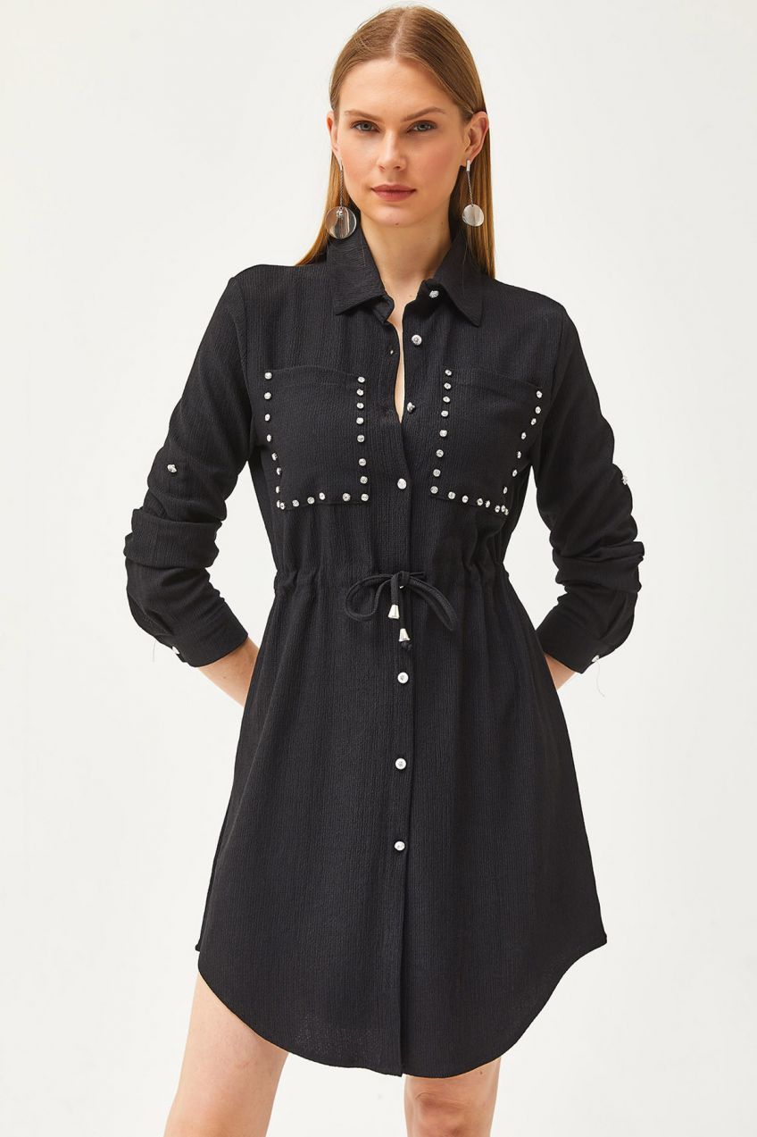Olalook Women's Black Pocket Tie Waist Stone Detailed Shirt Dress