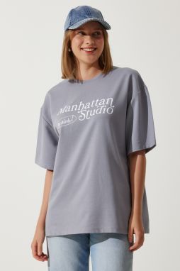 Happiness İstanbul Women's Gray Printed Oversize Two Thread Knitted T-Shirt