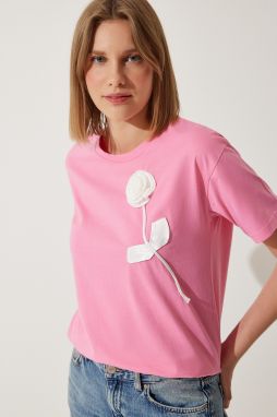 Happiness İstanbul Women's Pink Flower Detailed Cotton Oversize T-Shirt