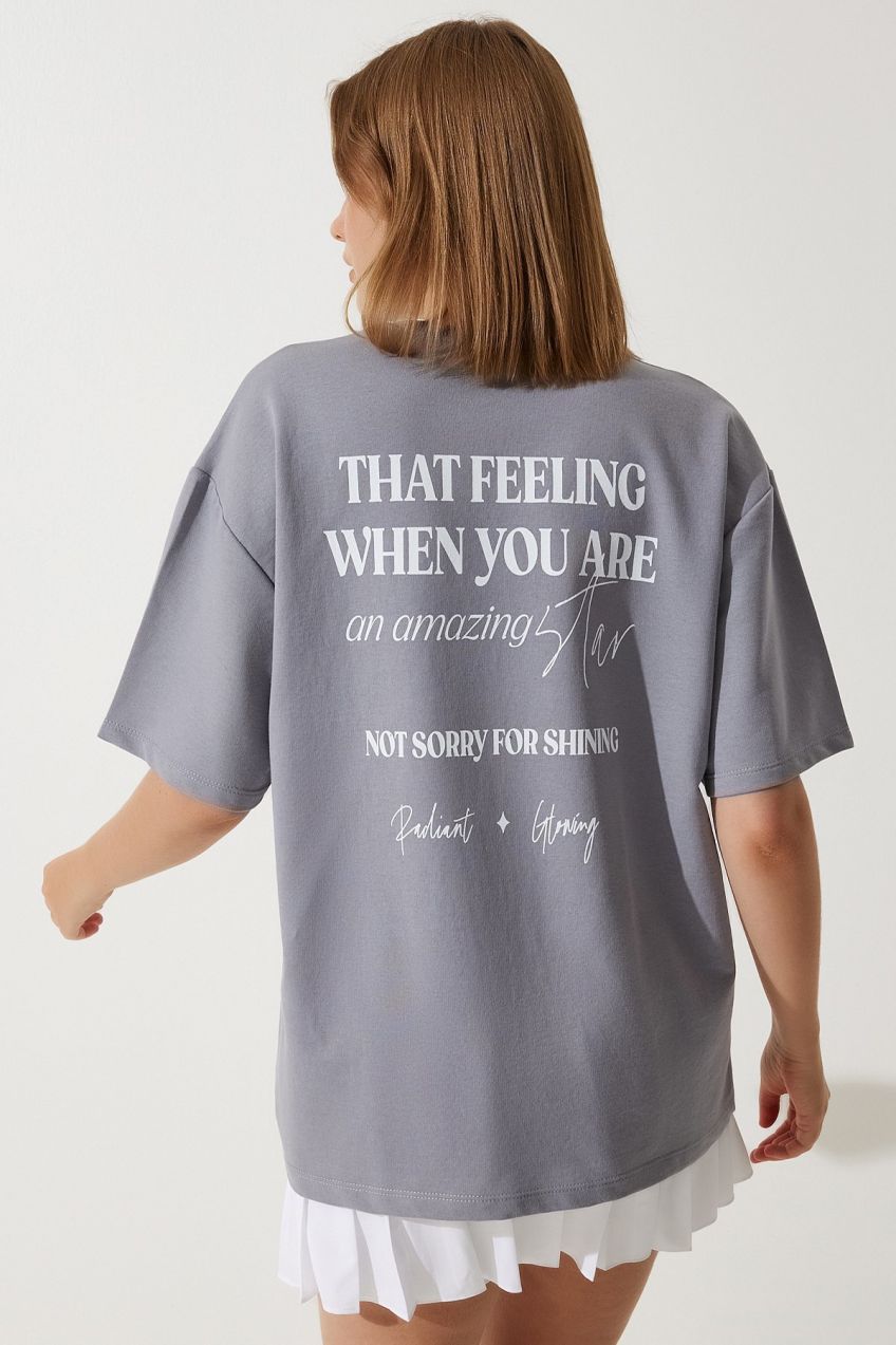 Happiness İstanbul Women's Gray Printed Oversize Two Thread Knitted T-Shirt